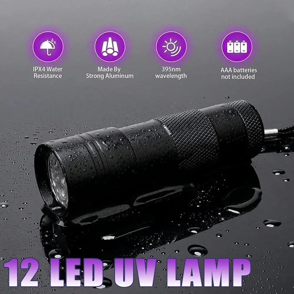 Lampe Torche UV Portable – 9 ou 12 LED, 395nm | Détecteur Urine, Taches & Insectes
