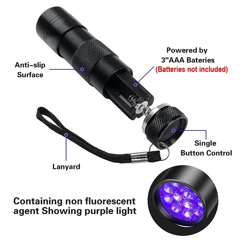 Lampe Torche UV Portable – 9 ou 12 LED, 395nm | Détecteur Urine, Taches & Insectes