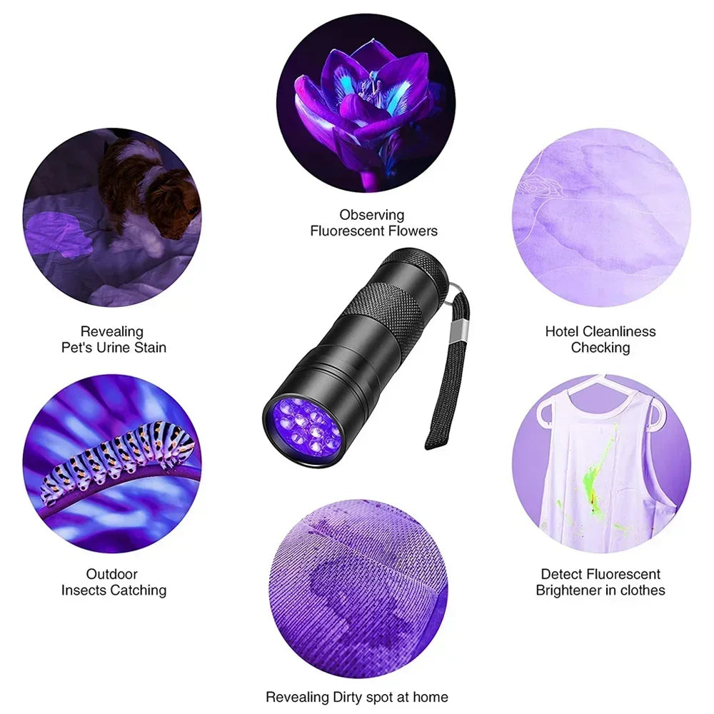 Lampe Torche UV Portable – 9 ou 12 LED, 395nm | Détecteur Urine, Taches & Insectes